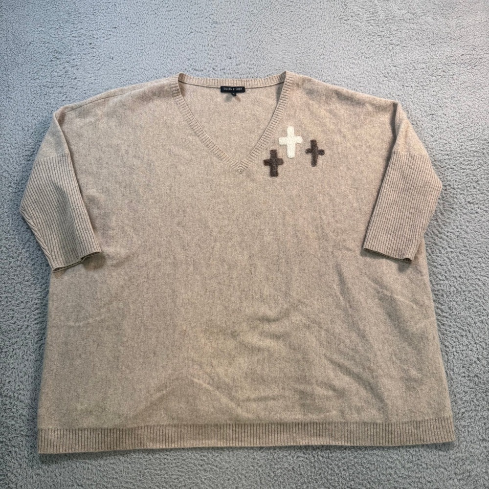 Eileen Fisher Womens Small 100% Cashmere V-Neck Oversized Sweater Beige Crosses